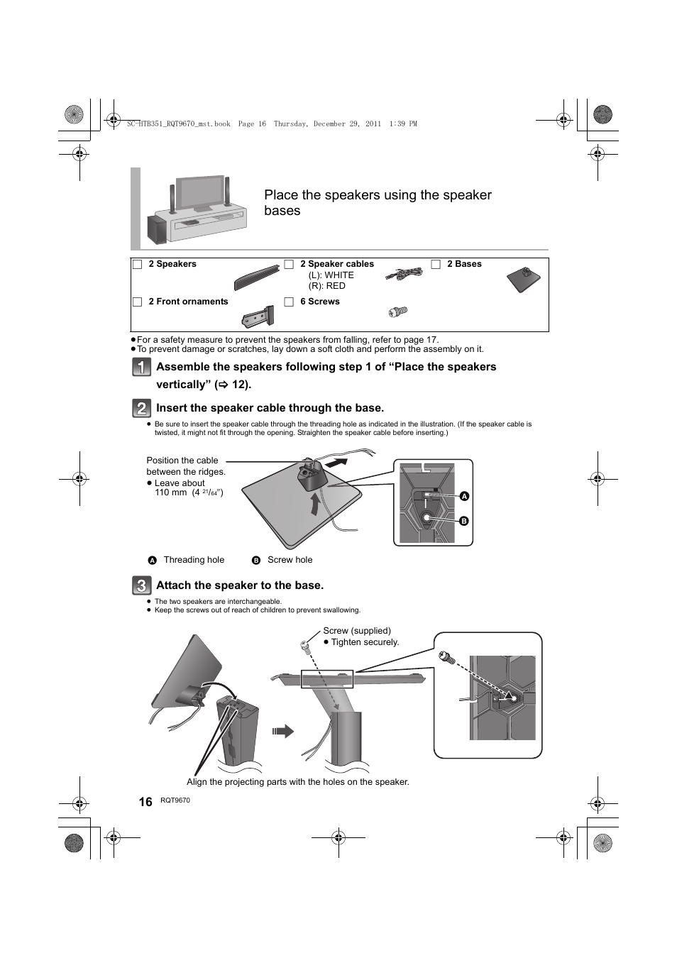Place the speakers using the speaker bases | Panasonic SC-HTB351 User Manual | Page 16 / 32