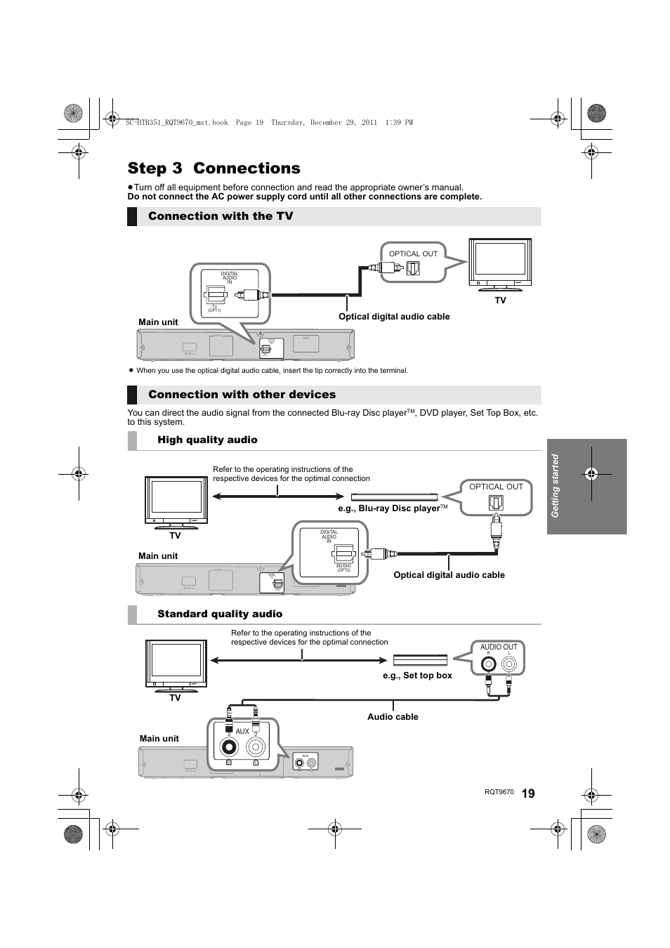 Step 3 connections, Connection with the tv, Connection with other devices | High quality audio standard quality audio, Getting started, Dvd player, set top box, etc. to this system, Main unit tv optical digital audio cable, Main unit e.g., blu-ray disc player, Optical digital audio cable, E.g., set top box main unit tv audio cable | Panasonic SC-HTB351 User Manual | Page 19 / 32