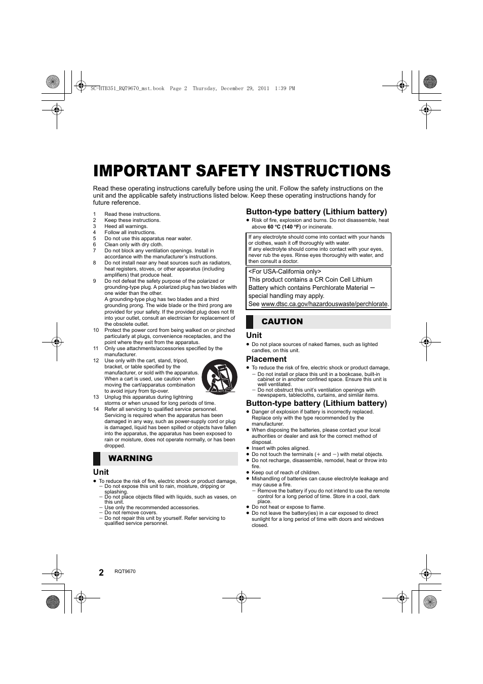 Important safety instructions, Unit, Button-type battery (lithium battery) | Placement, Warning, Caution | Panasonic SC-HTB351 User Manual | Page 2 / 32