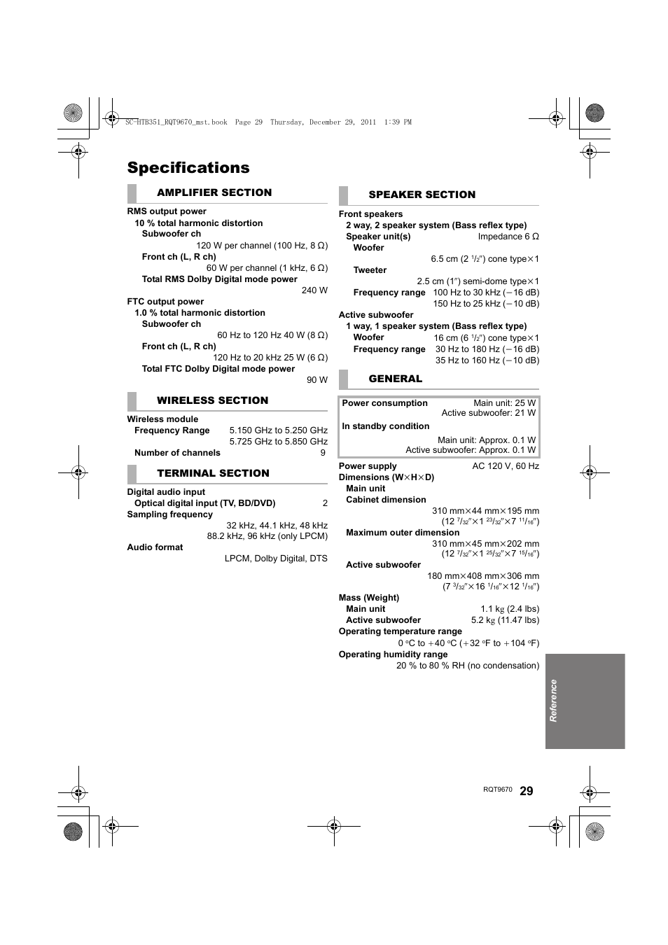 Specifications | Panasonic SC-HTB351 User Manual | Page 29 / 32