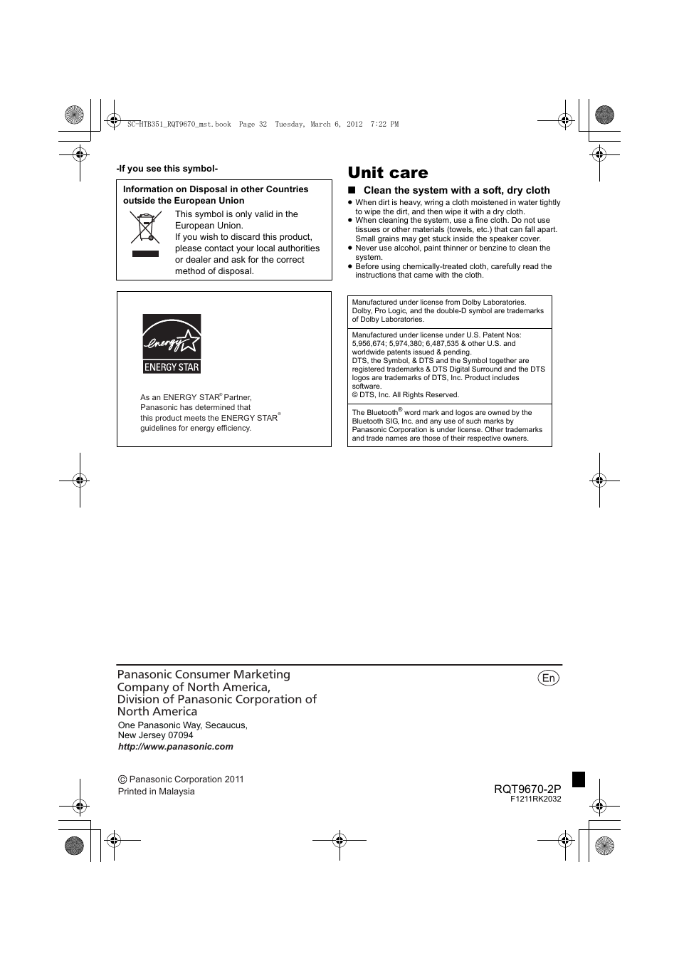 Unit care | Panasonic SC-HTB351 User Manual | Page 32 / 32