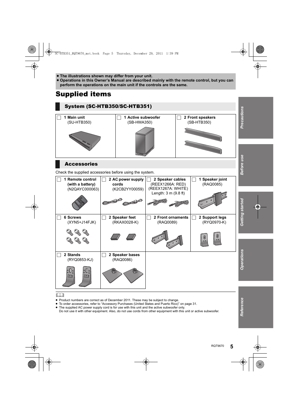 Supplied items | Panasonic SC-HTB351 User Manual | Page 5 / 32