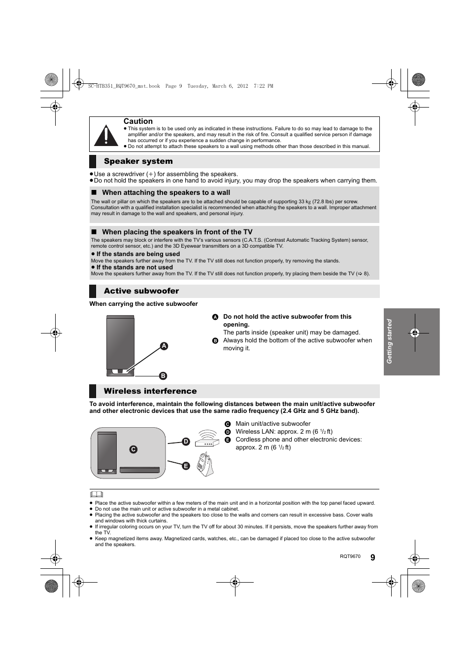 Caution, Speaker system, Active subwoofer | Wireless interference | Panasonic SC-HTB351 User Manual | Page 9 / 32