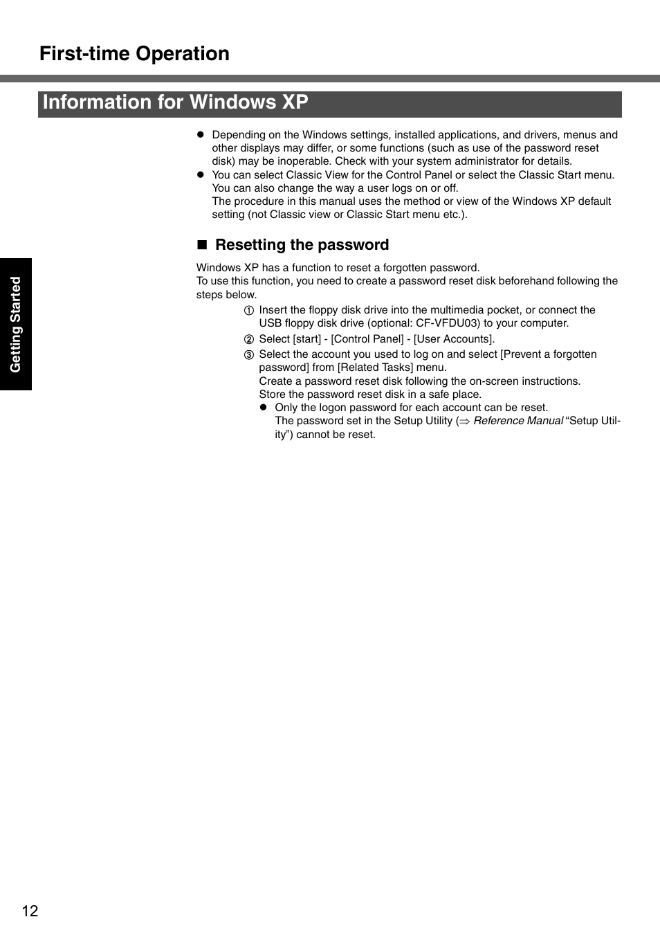 First-time operation, Information for windows xp, Resetting the password | Panasonic CF-51 User Manual | Page 12 / 36