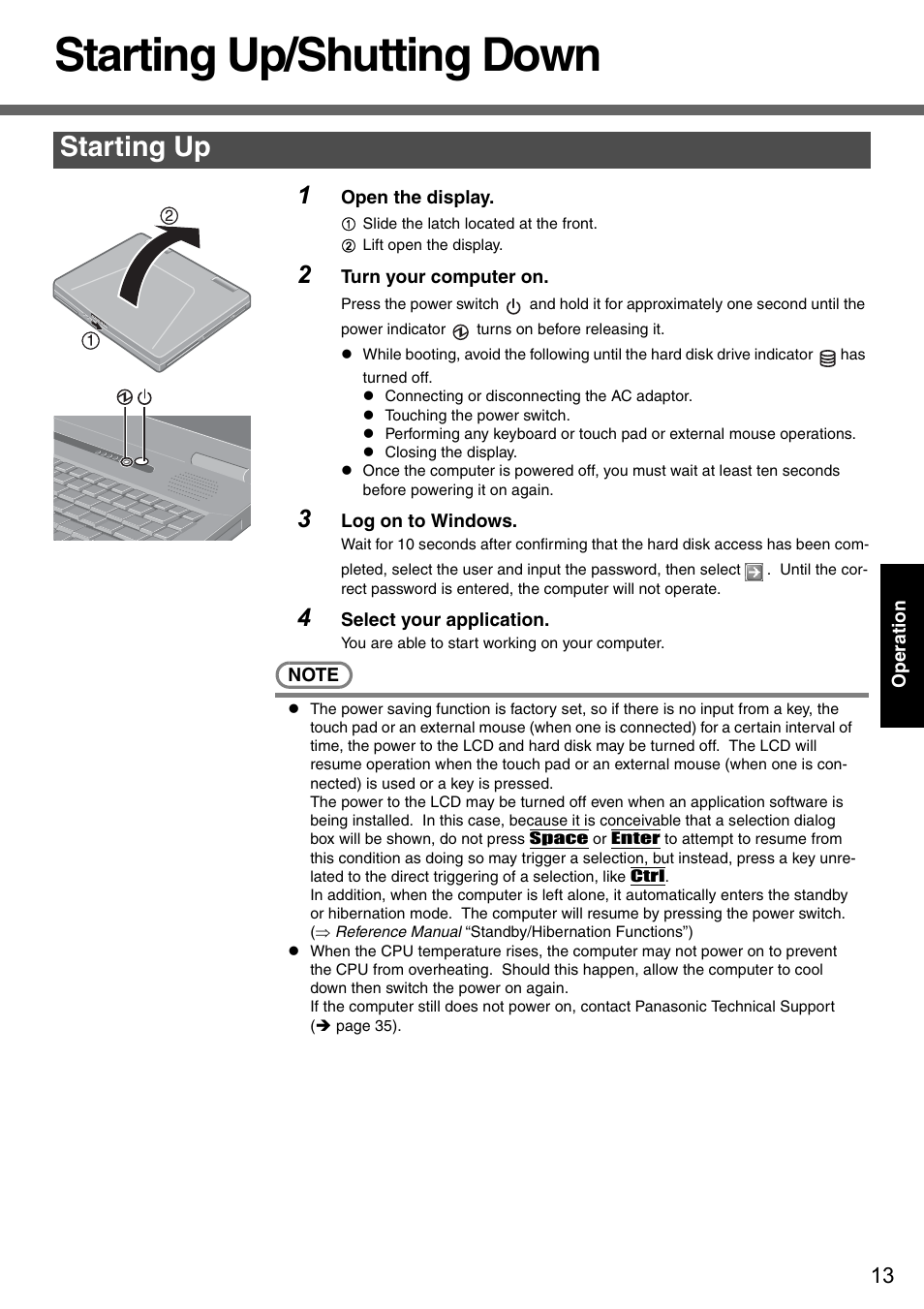 Operation, Starting up/shutting down, Starting up | Panasonic CF-51 User Manual | Page 13 / 36