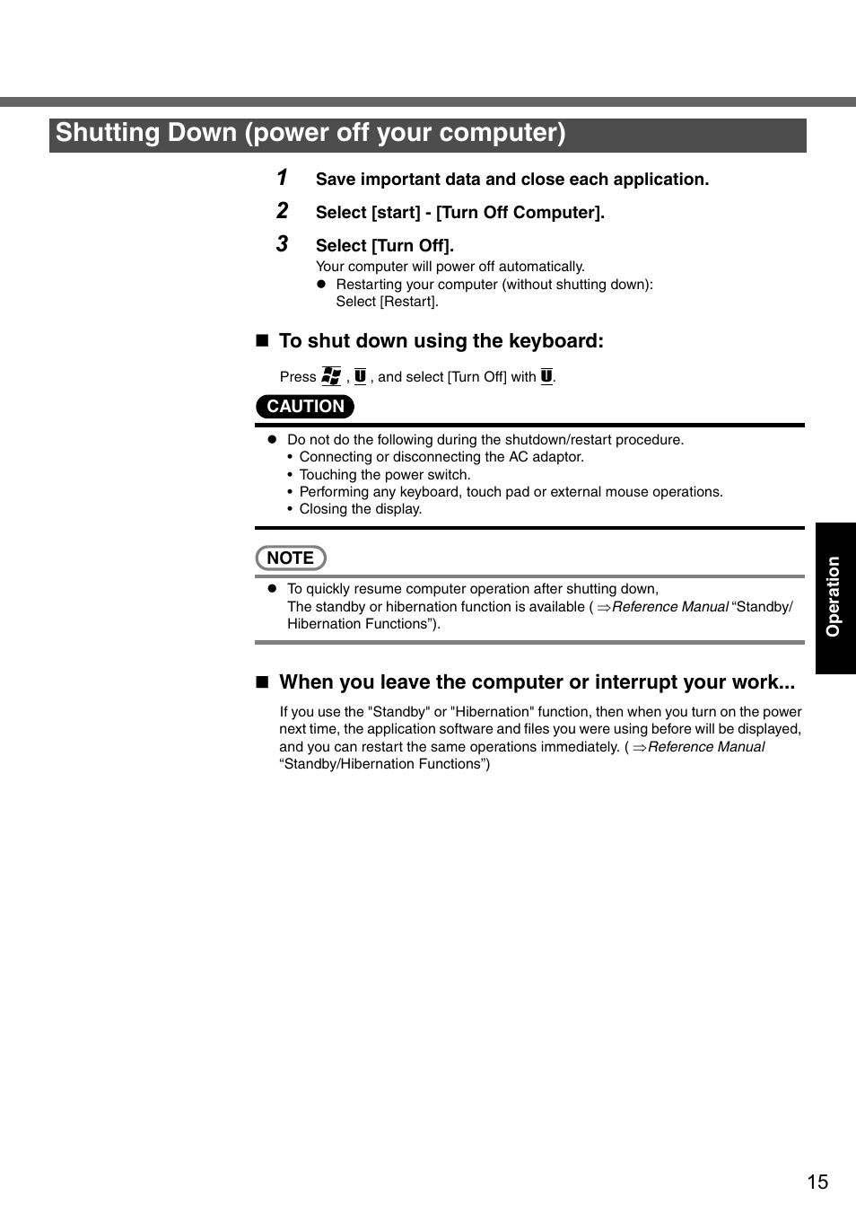 Shutting down (power off your computer), When you leave the computer or interrupt your work | Panasonic CF-51 User Manual | Page 15 / 36