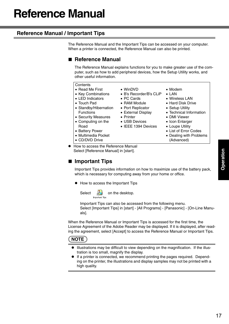 Reference manual, Reference manual / important tips, Important tips | Panasonic CF-51 User Manual | Page 17 / 36