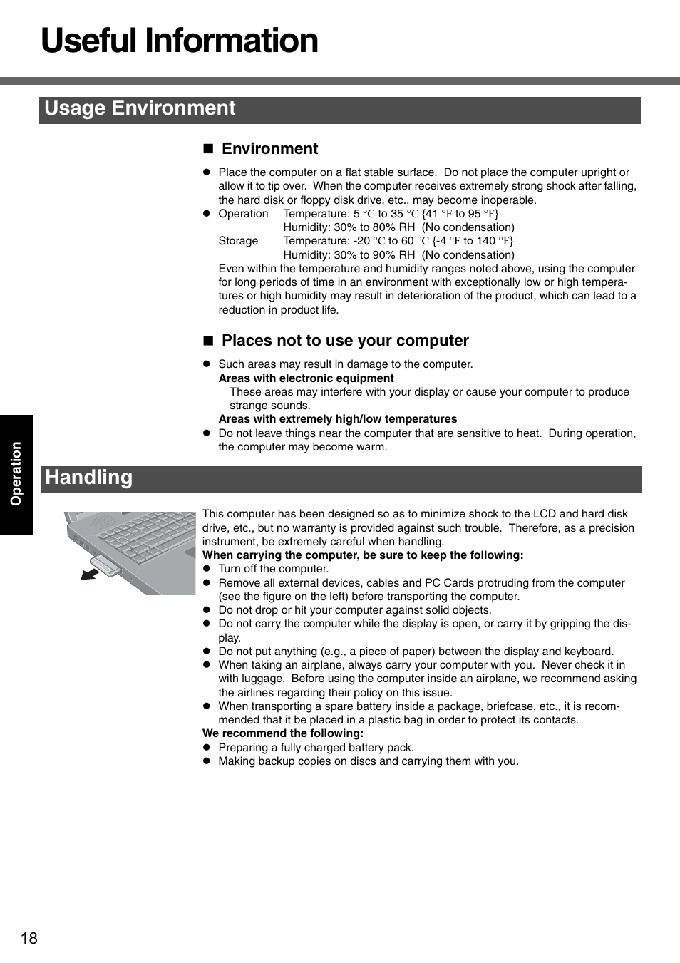 Useful information, Usage environment handling, Environment | Places not to use your computer | Panasonic CF-51 User Manual | Page 18 / 36