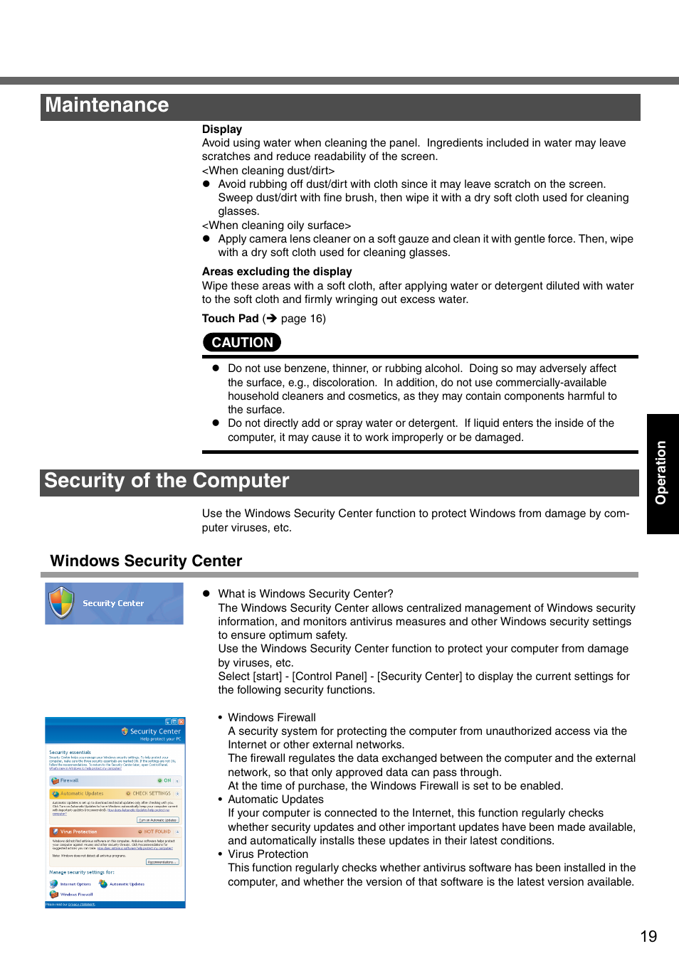 Maintenance security of the computer, Windows security center | Panasonic CF-51 User Manual | Page 19 / 36