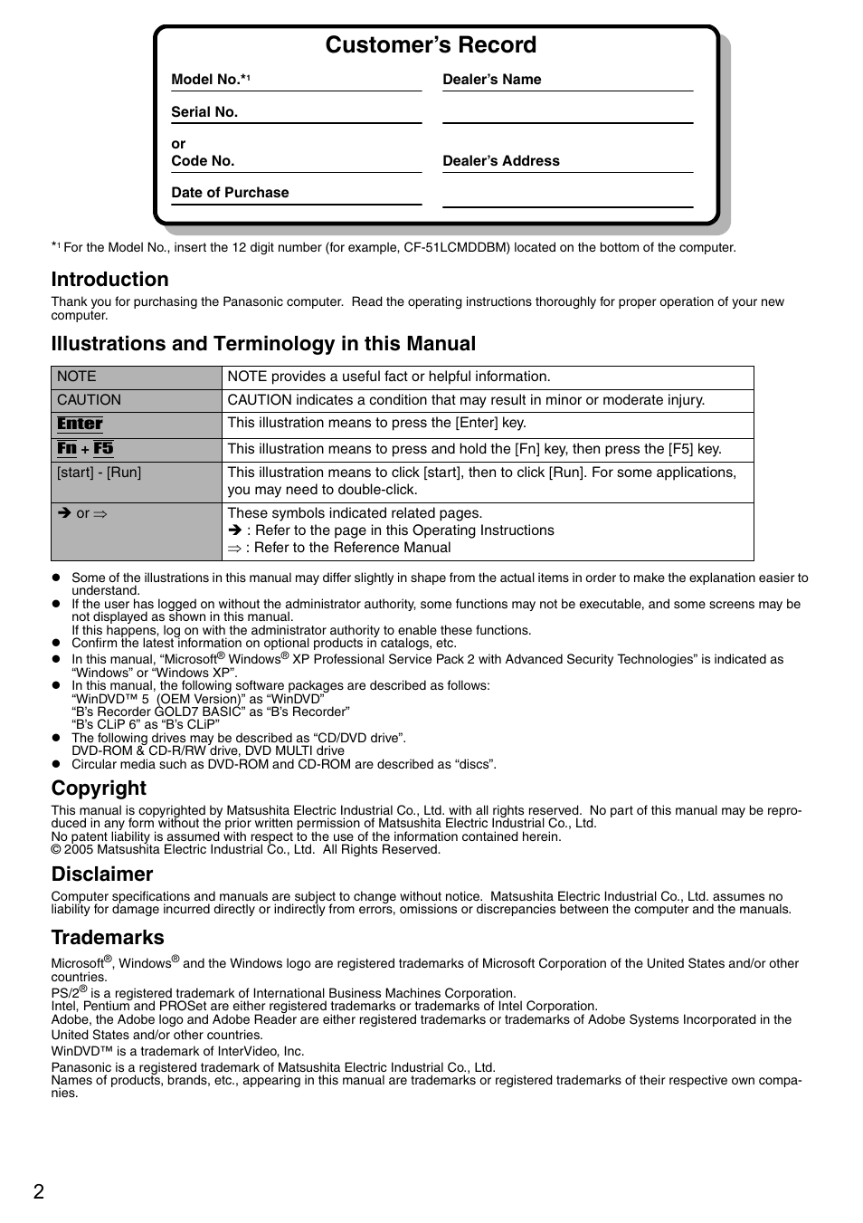 Customer’s record, Introduction, Illustrations and terminology in this manual | Copyright, Disclaimer, Trademarks | Panasonic CF-51 User Manual | Page 2 / 36