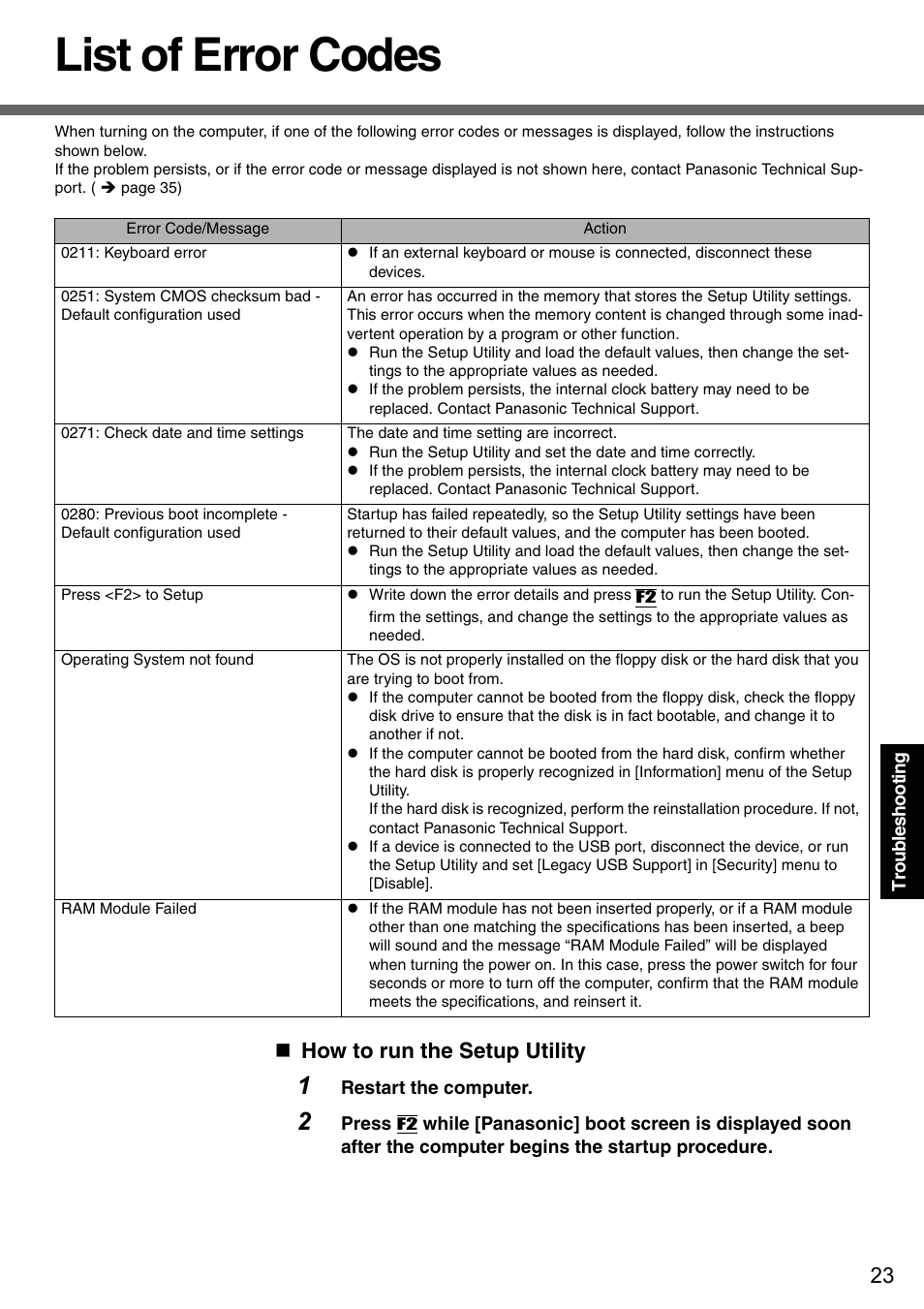 Troubleshooting, List of error codes, How to run the setup utility | Panasonic CF-51 User Manual | Page 23 / 36