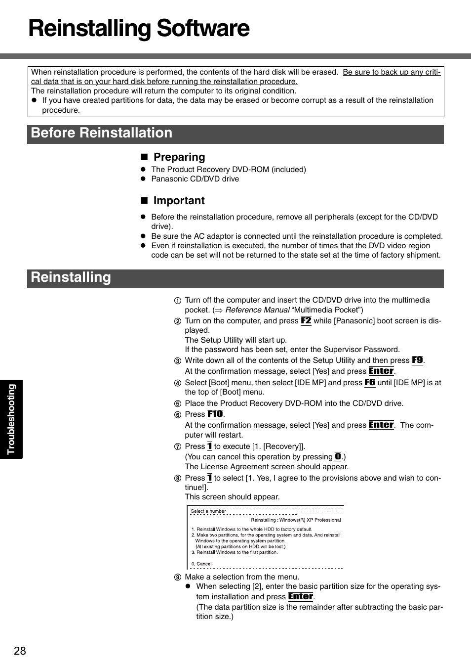 Reinstalling software, Before reinstallation reinstalling, Preparing | Important | Panasonic CF-51 User Manual | Page 28 / 36