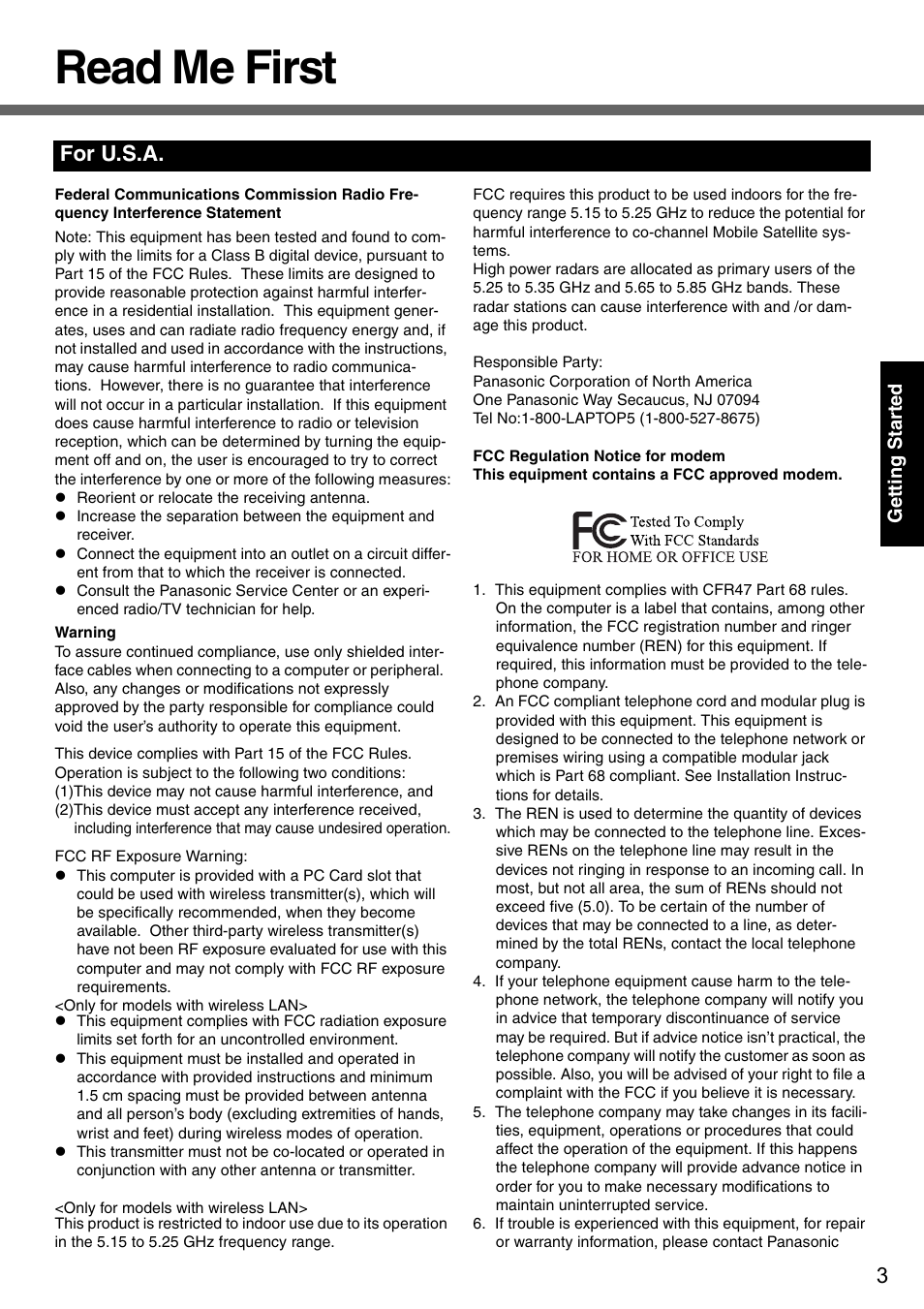 Getting started, Read me first, For u.s.a | Gettin g started | Panasonic CF-51 User Manual | Page 3 / 36