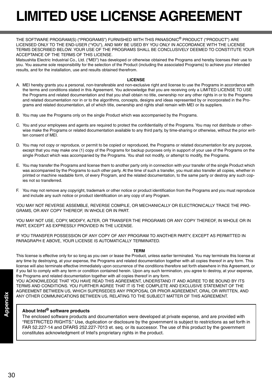 Appendix, Limited use license agreement | Panasonic CF-51 User Manual | Page 30 / 36