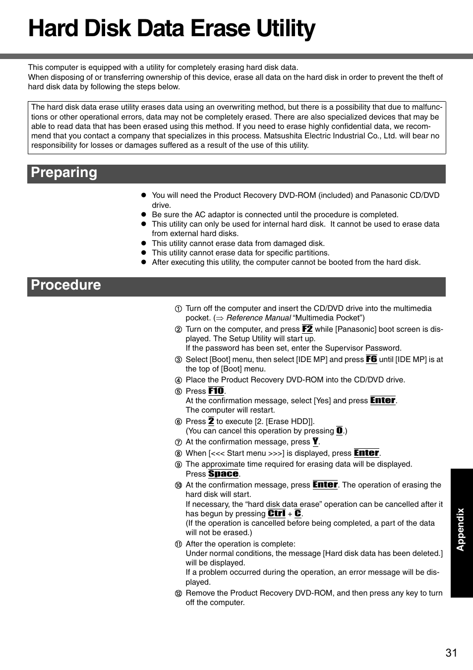 Hard disk data erase utility, Preparing procedure | Panasonic CF-51 User Manual | Page 31 / 36