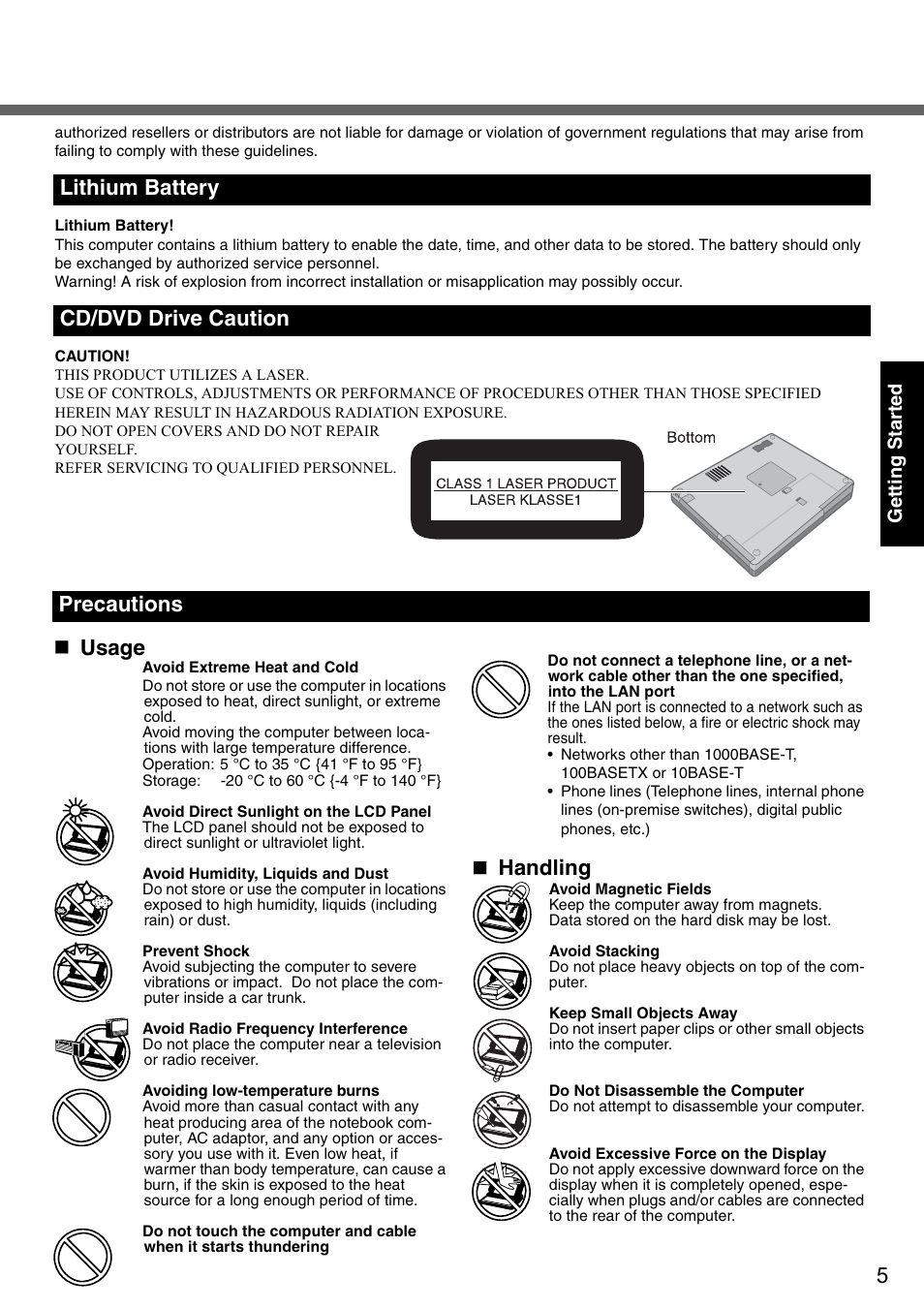 Lithium battery cd/dvd drive caution  usage, Handling, Precautions | Gettin g started | Panasonic CF-51 User Manual | Page 5 / 36