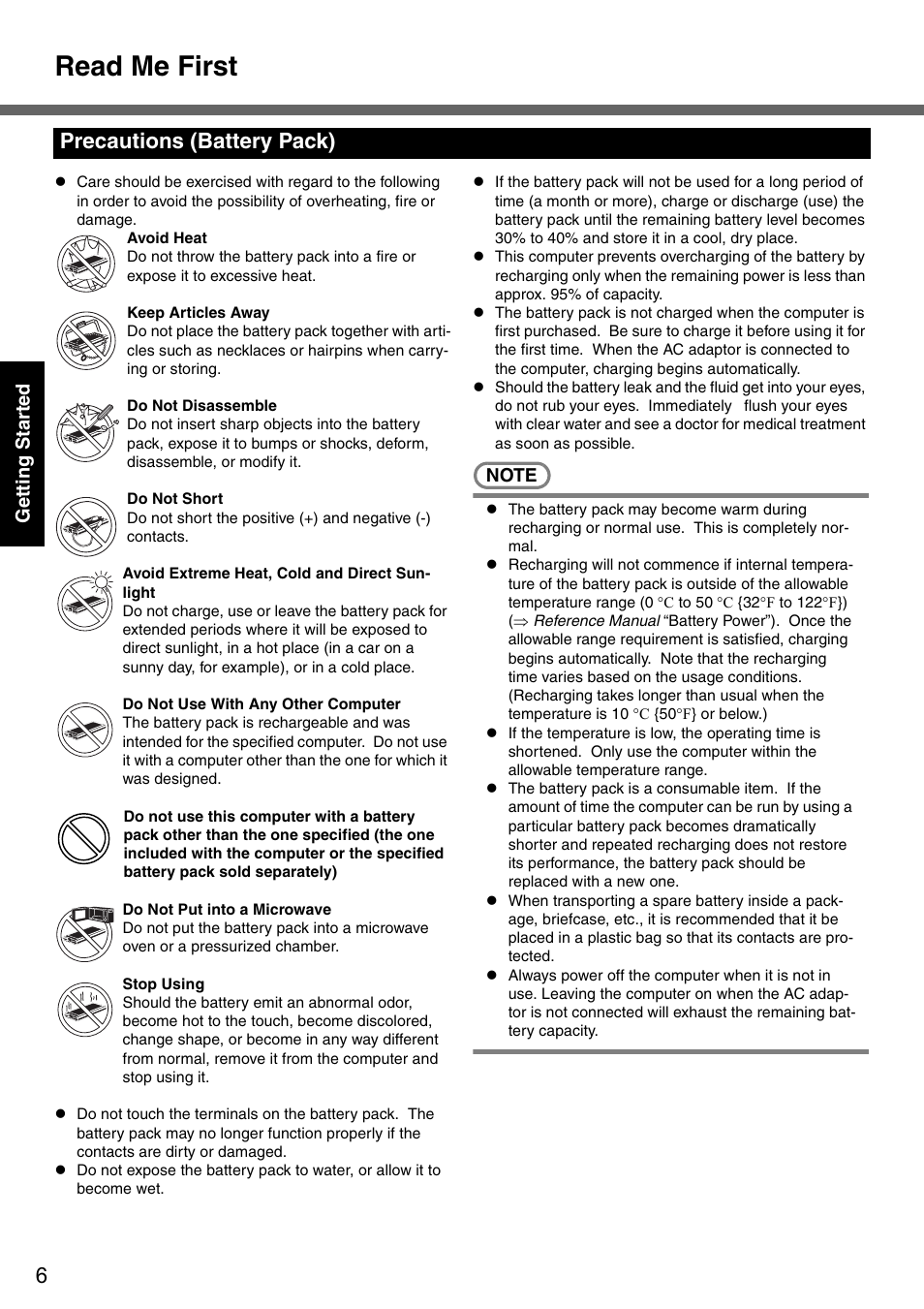 Read me first, Precautions (battery pack), Gettin g started | Panasonic CF-51 User Manual | Page 6 / 36