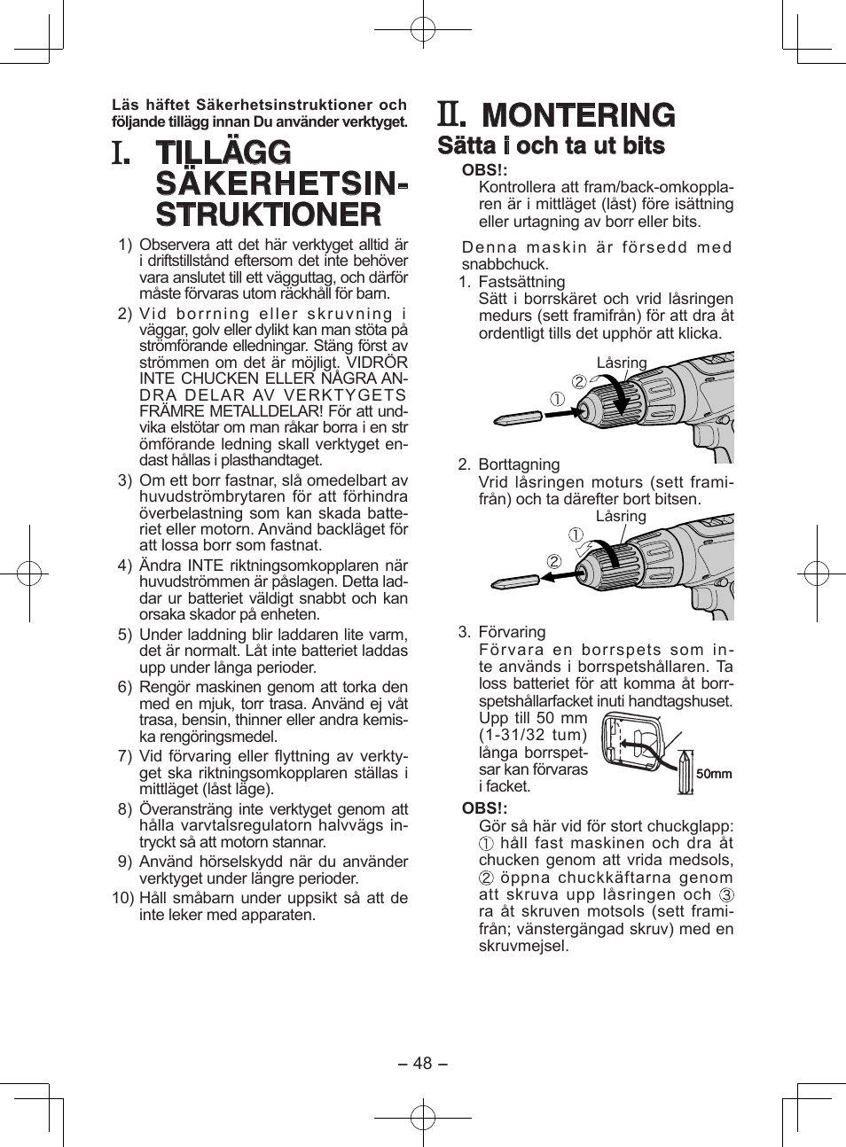 Tillägg säkerhetsin- struktioner, Montering, Sätta i och ta ut bits | Panasonic EY6950 User Manual | Page 48 / 68