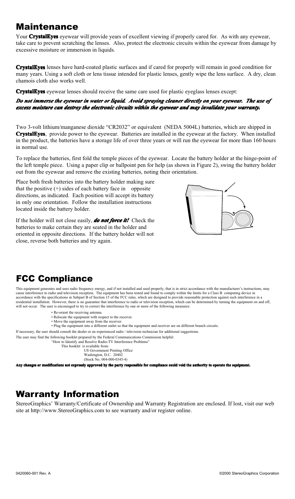 Maintenance, Fcc compliance warranty information | Panasonic Crystal Eyes Wear User Manual | Page 2 / 2