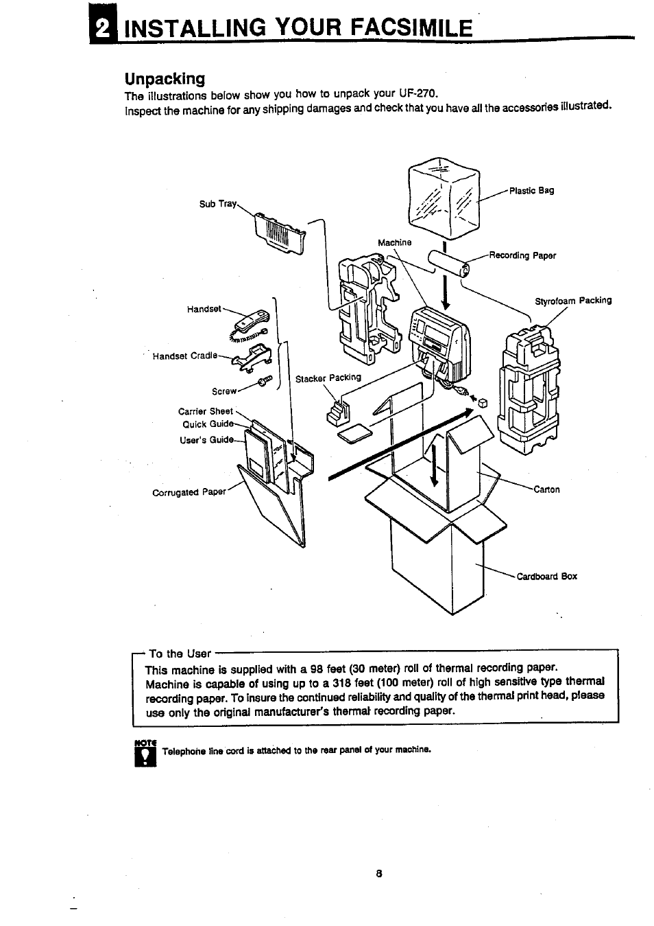 Installing your facsimile, Unpacking | Panasonic Panafax UF-270 User Manual | Page 10 / 123