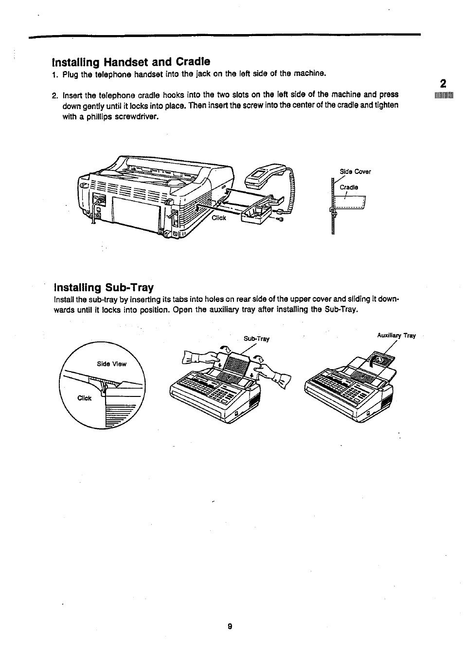 Installing handset and cradle, Installing sub-tray | Panasonic Panafax UF-270 User Manual | Page 11 / 123