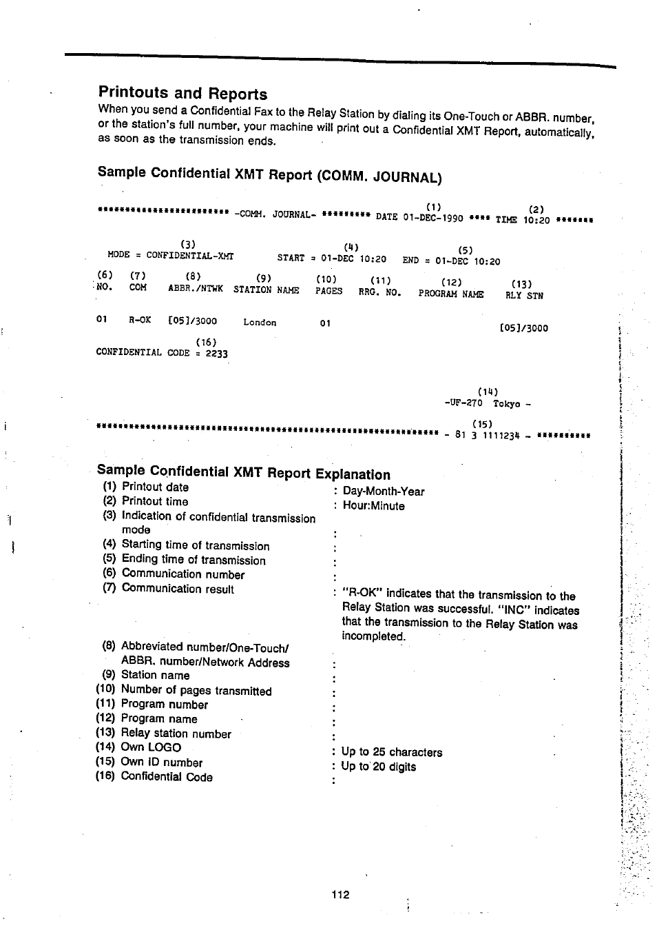 Printouts and reports, Sample confidential xmt report (comm. journal), Sample confidential xmt report explanation | Panasonic Panafax UF-270 User Manual | Page 113 / 123