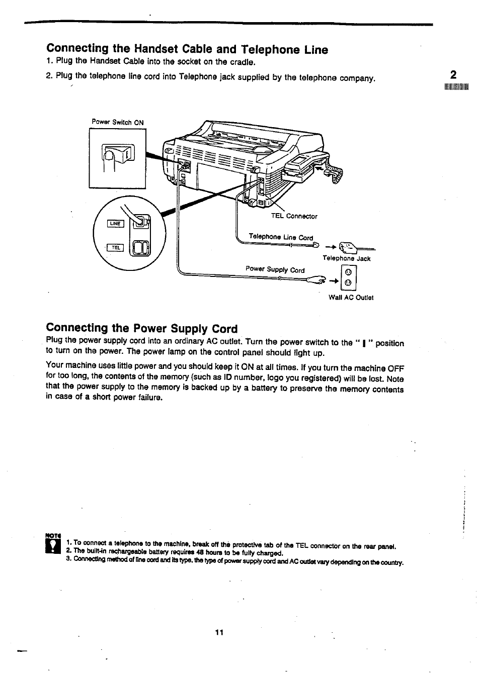 Connecting the handset cable and telephone line, Connecting the power supply cord | Panasonic Panafax UF-270 User Manual | Page 13 / 123