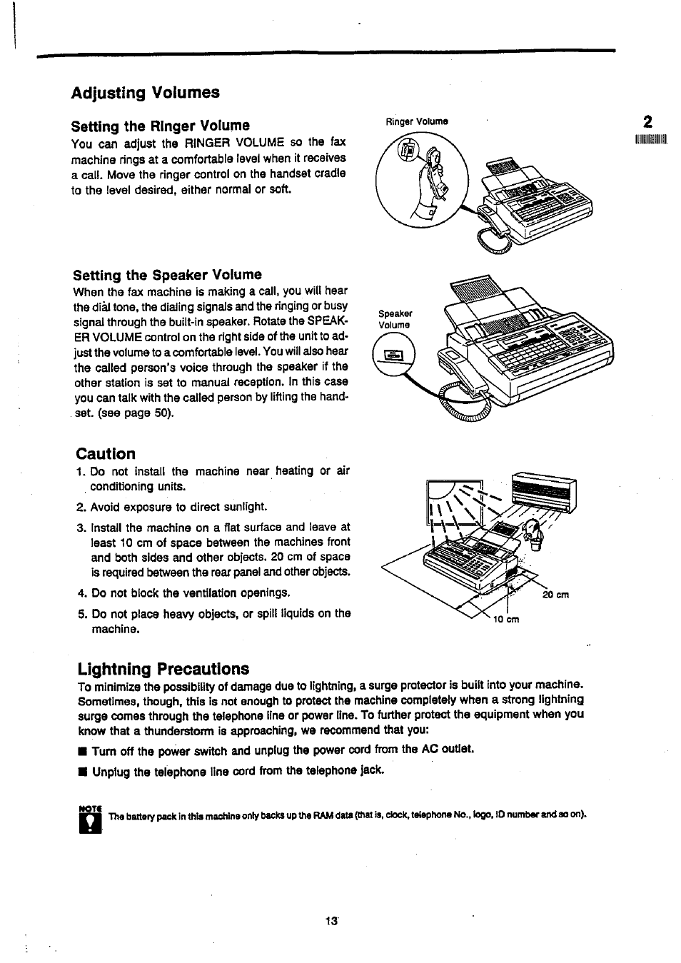 Adjusting volumes, Setting the ringer volume, Setting the speaker volume | Caution, Lightning precautions, Caution lightning precautions | Panasonic Panafax UF-270 User Manual | Page 15 / 123