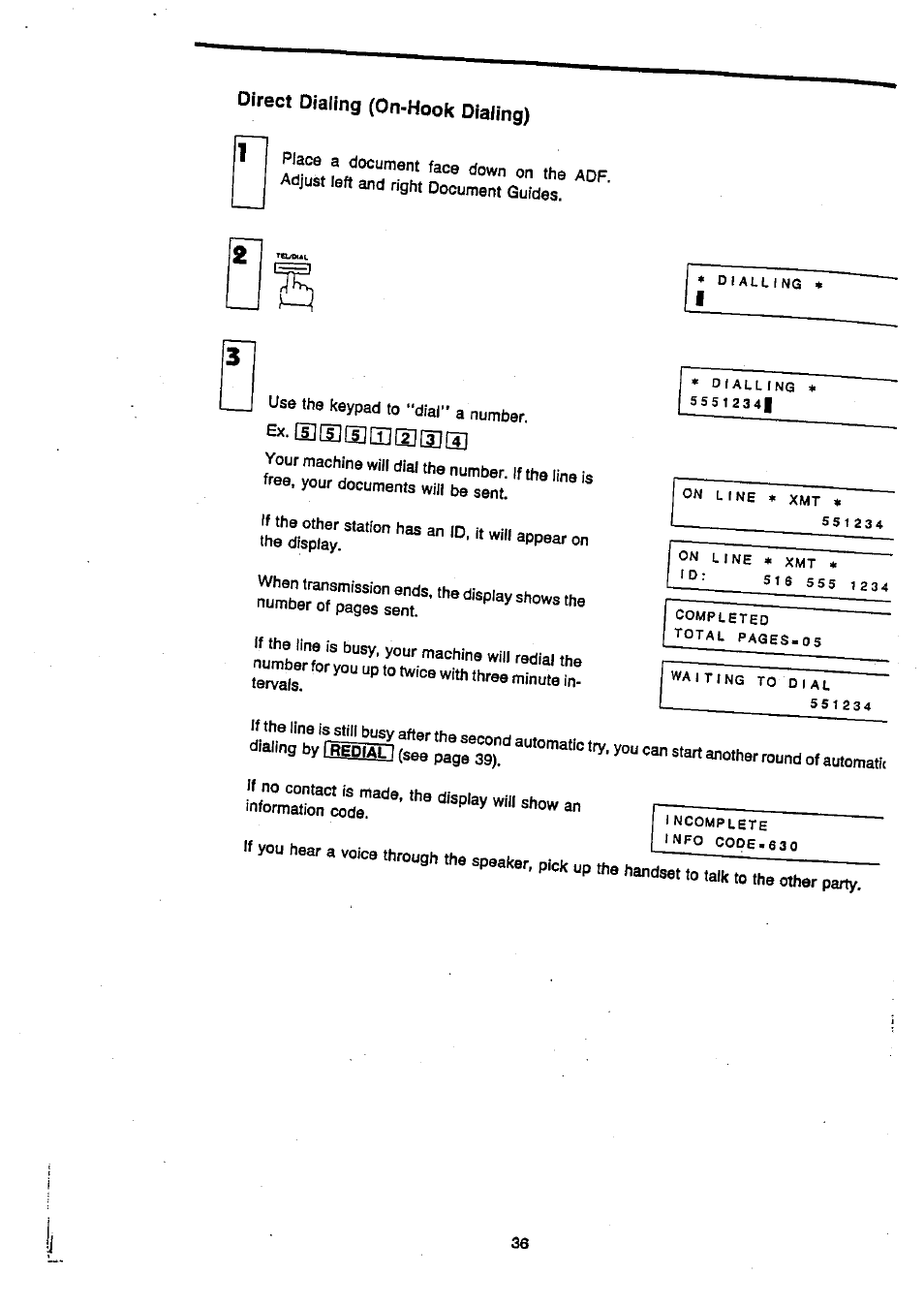 Direct dialing (on-hook dialing) | Panasonic Panafax UF-270 User Manual | Page 38 / 123