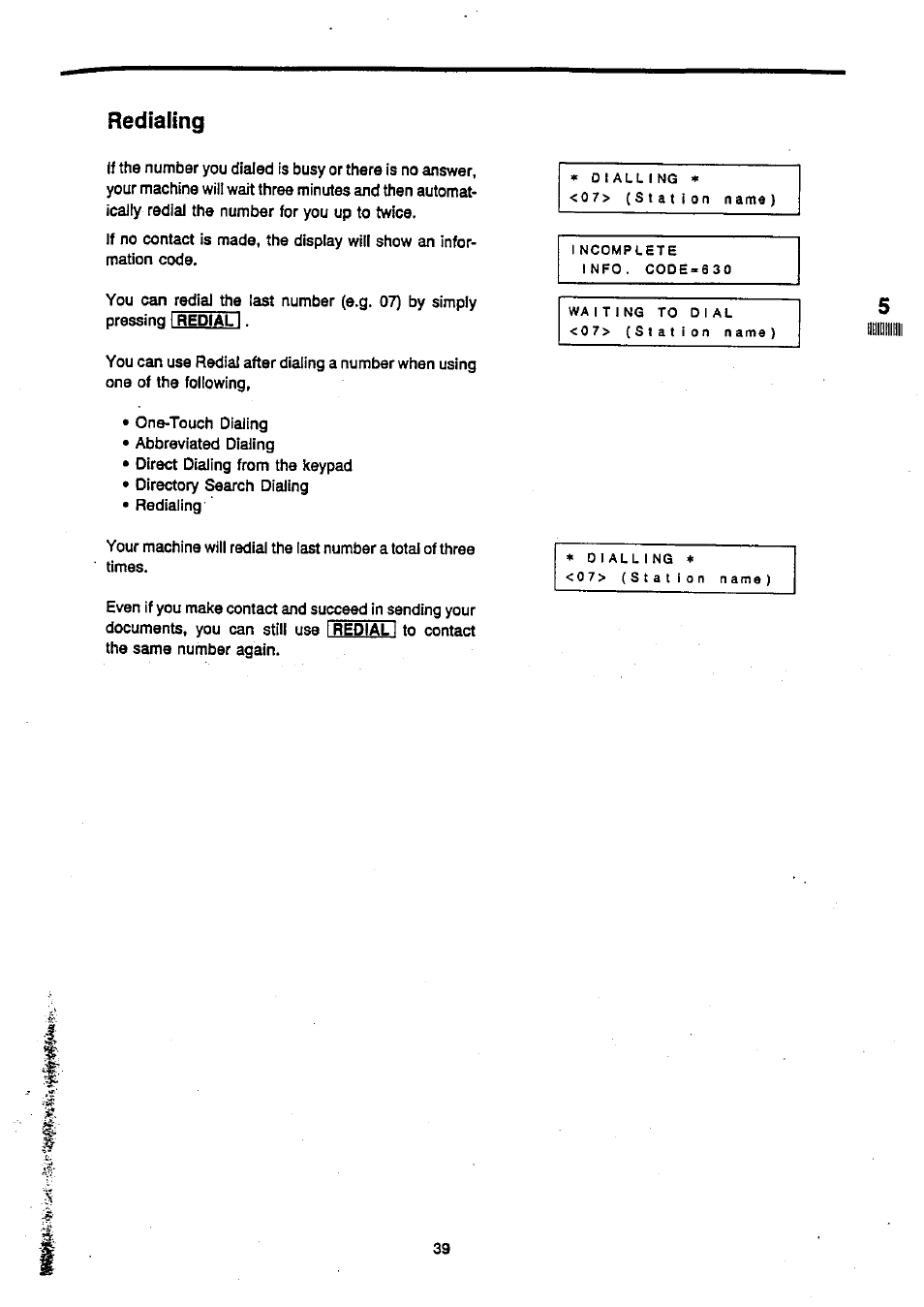 Redialing | Panasonic Panafax UF-270 User Manual | Page 41 / 123