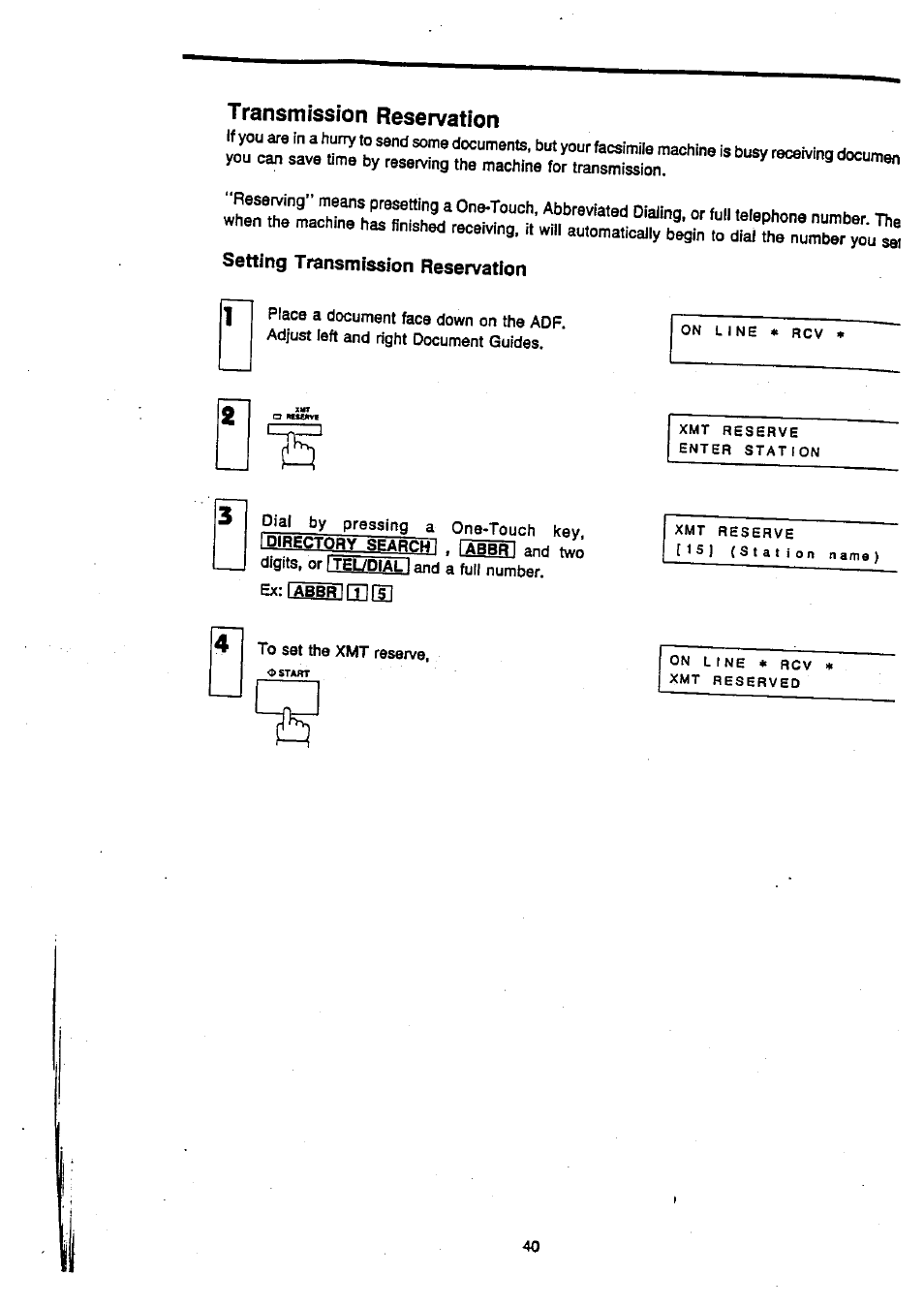 Transmission reservation, Setting transmission reservation | Panasonic Panafax UF-270 User Manual | Page 42 / 123