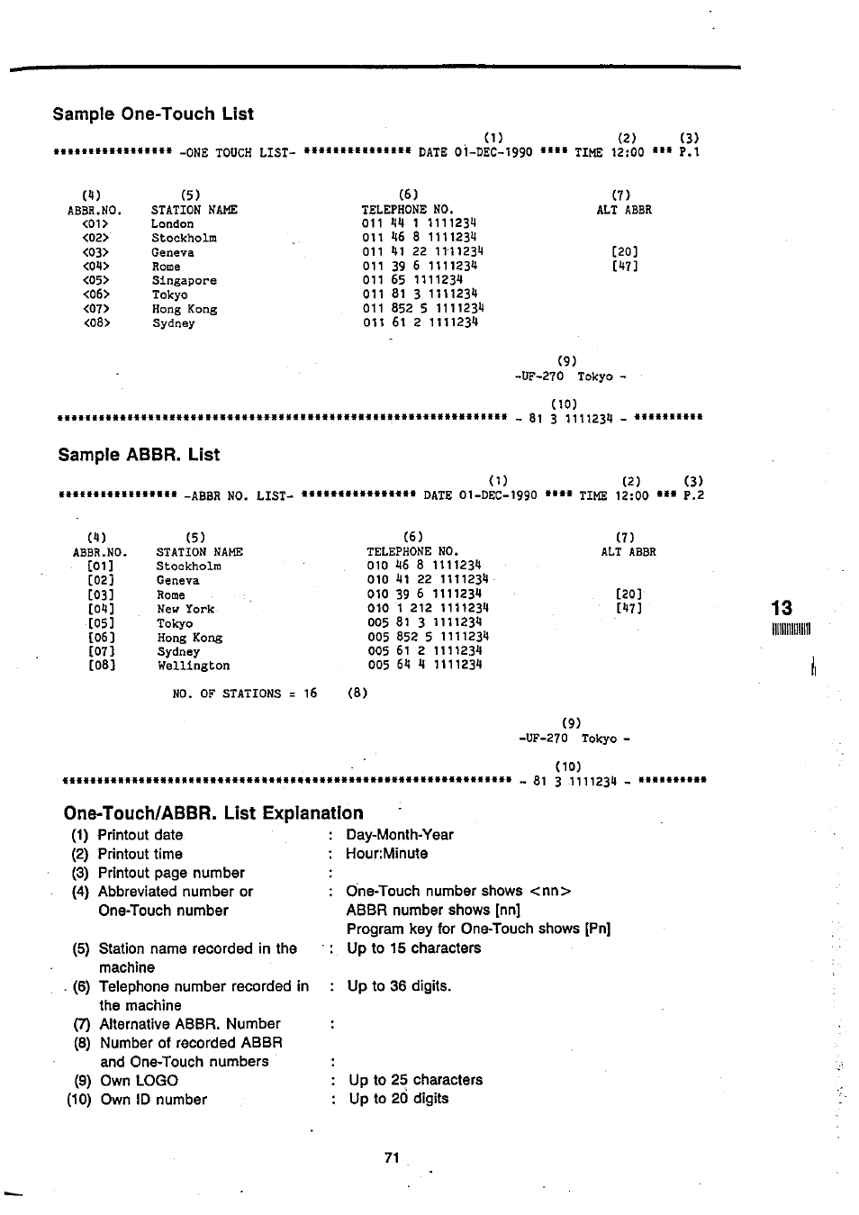 Sample abbr. list, One-touch/abbr. list explanation | Panasonic Panafax UF-270 User Manual | Page 72 / 123