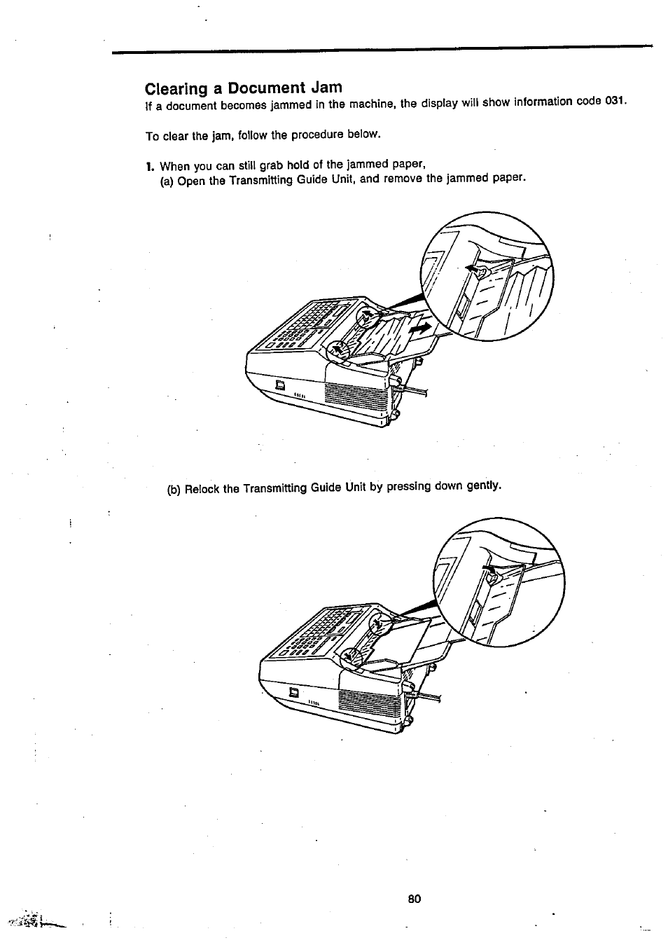 Clearing a document jam, Gearing a document jam | Panasonic Panafax UF-270 User Manual | Page 81 / 123