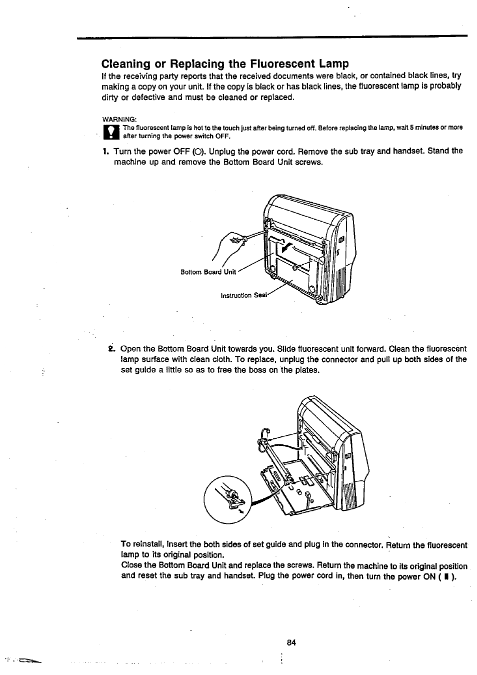 Cleaning or replacing the fiuorescent lamp, Cleaning or replacing the ruorescent lamp | Panasonic Panafax UF-270 User Manual | Page 85 / 123