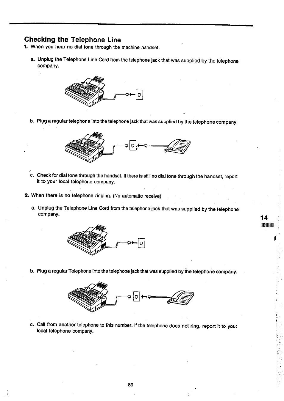 Checking the telephone line | Panasonic Panafax UF-270 User Manual | Page 90 / 123