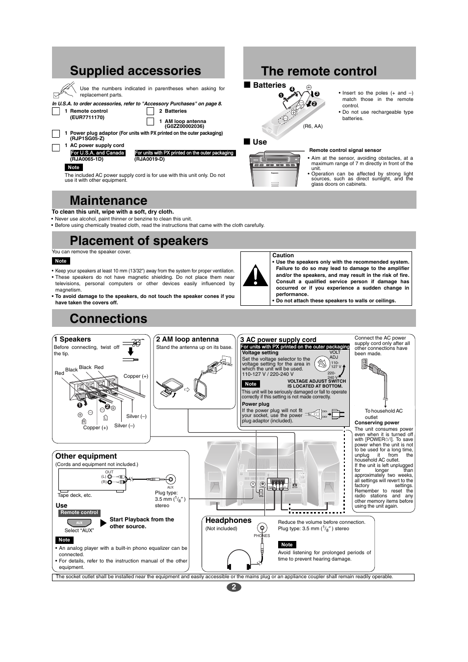 Maintenance placement of speakers, Connections, Supplied accessories | The remote control, Headphones, Other equipment, G batteries, G use, 1 speakers, 2 am loop antenna | Panasonic SC-EN17 User Manual | Page 2 / 8