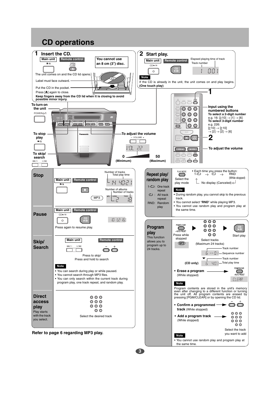 Cd operations, Insert the cd, Start play | Stop pause skip/ search, Repeat play/ random play, Program play, Direct access play, Refer to page 6 regarding mp3 play | Panasonic SC-EN17 User Manual | Page 3 / 8