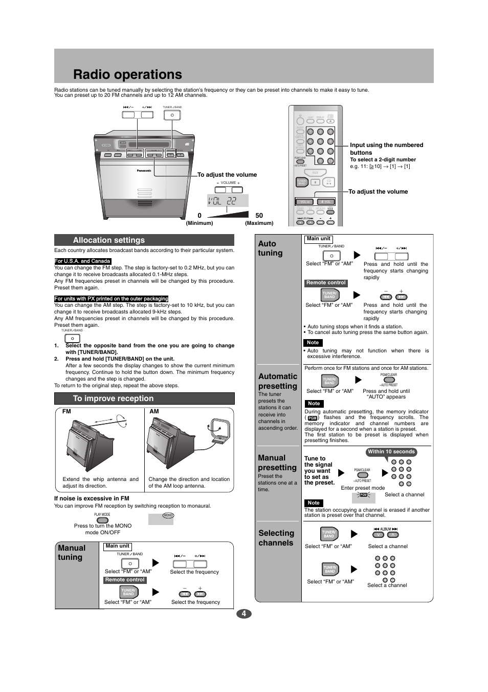 Radio operations, Allocation settings to improve reception, Manual tuning | Automatic presetting, Manual presetting, Selecting channels, Auto tuning | Panasonic SC-EN17 User Manual | Page 4 / 8