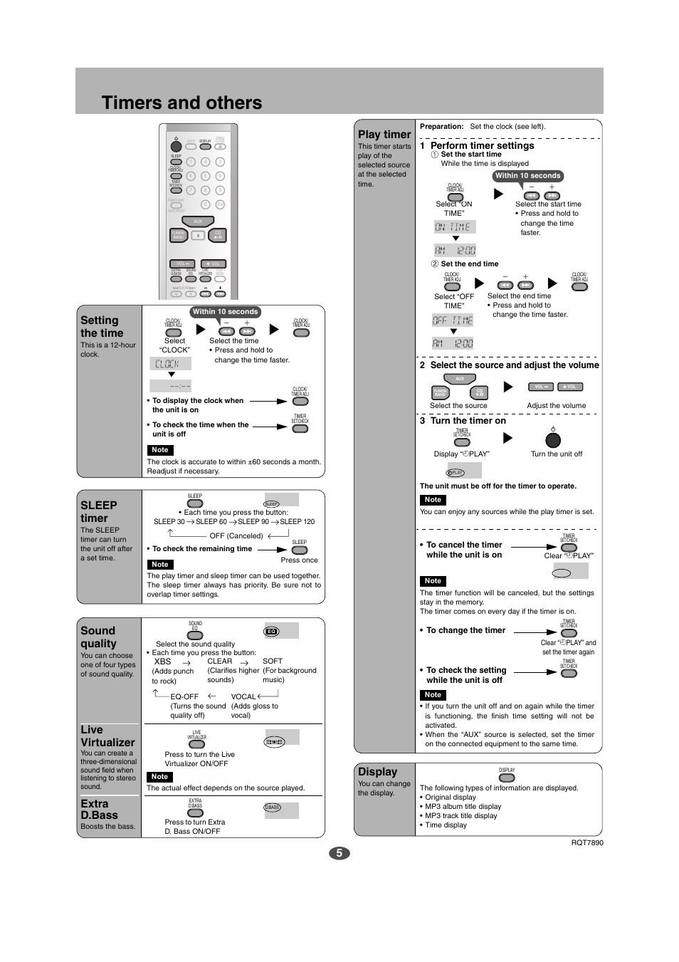 Timers and others, Setting the time, Sleep timer | Sound quality, Live virtualizer, Extra d.bass, Play timer, Display, 1perform timer settings | Panasonic SC-EN17 User Manual | Page 5 / 8