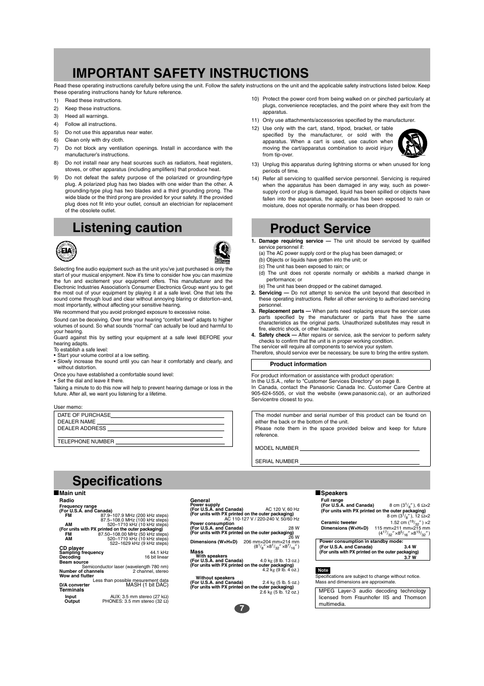 Important safety instructions listening caution, Product service, Specifications | Panasonic SC-EN17 User Manual | Page 7 / 8