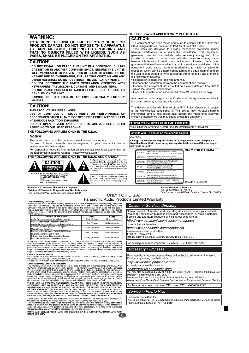 Warning, Caution | Panasonic SC-EN17 User Manual | Page 8 / 8