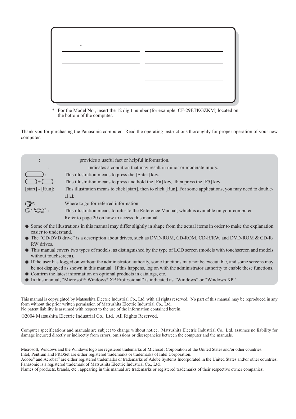 Customer's record, Getting star ted, Introduction | Disclaimer, Trademarks | Panasonic CF-29 User Manual | Page 2 / 44