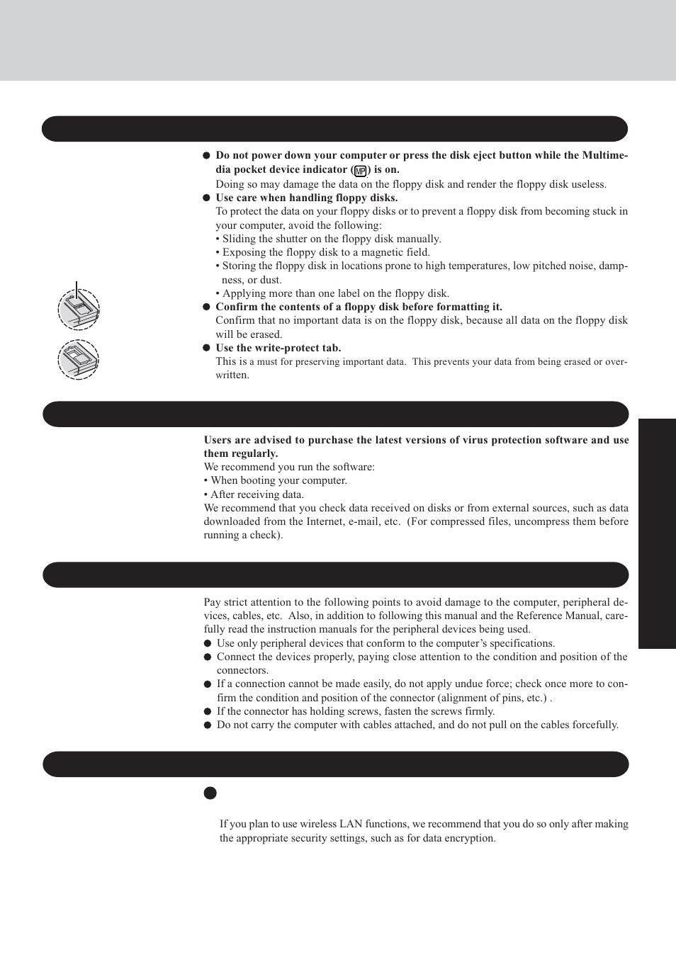 When using peripheral devices, Computer viruses, Saving data on floppy disks | Wireless lan | Panasonic CF-29 User Manual | Page 23 / 44