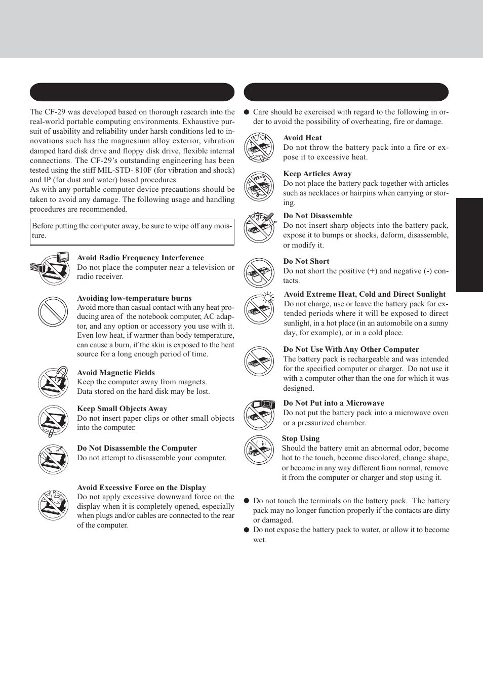Precautions, Precautions (battery pack) | Panasonic CF-29 User Manual | Page 7 / 44