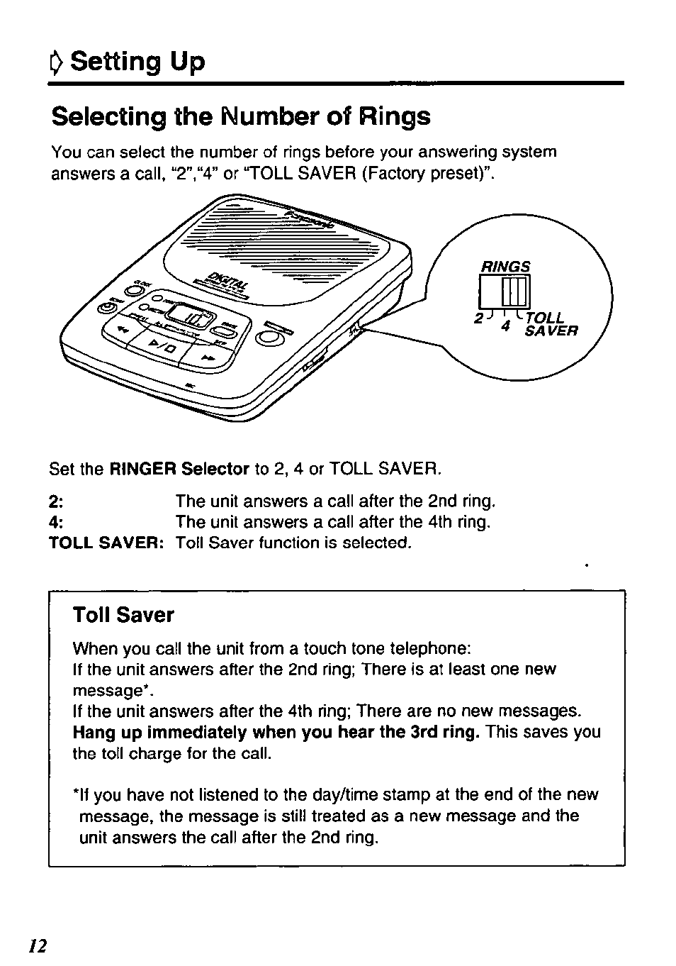 Selecting the number of rings, Toll saver, Setting up | Panasonic KX-TM80-B User Manual | Page 12 / 36