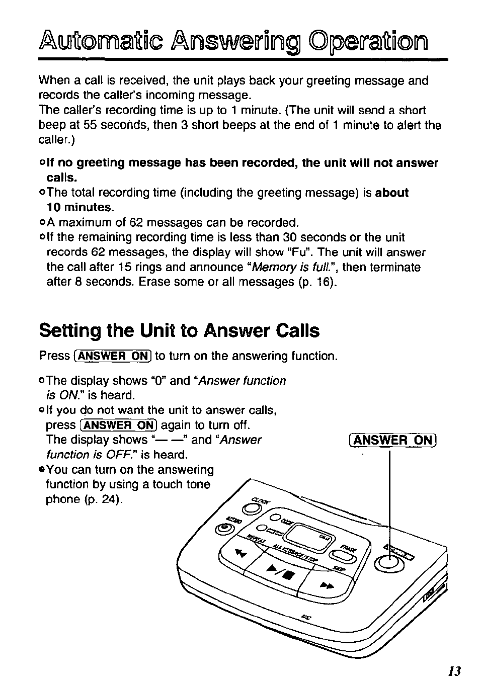 Setting the unit to answer calls, Aytomatic answersing operatiomi | Panasonic KX-TM80-B User Manual | Page 13 / 36