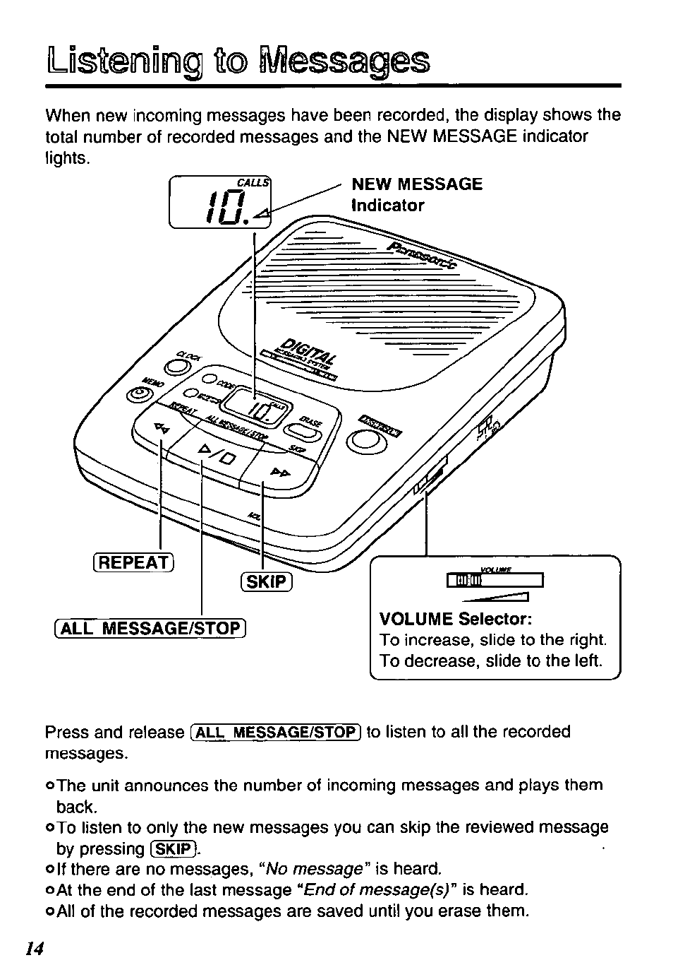 Ldstening, Iviessages | Panasonic KX-TM80-B User Manual | Page 14 / 36