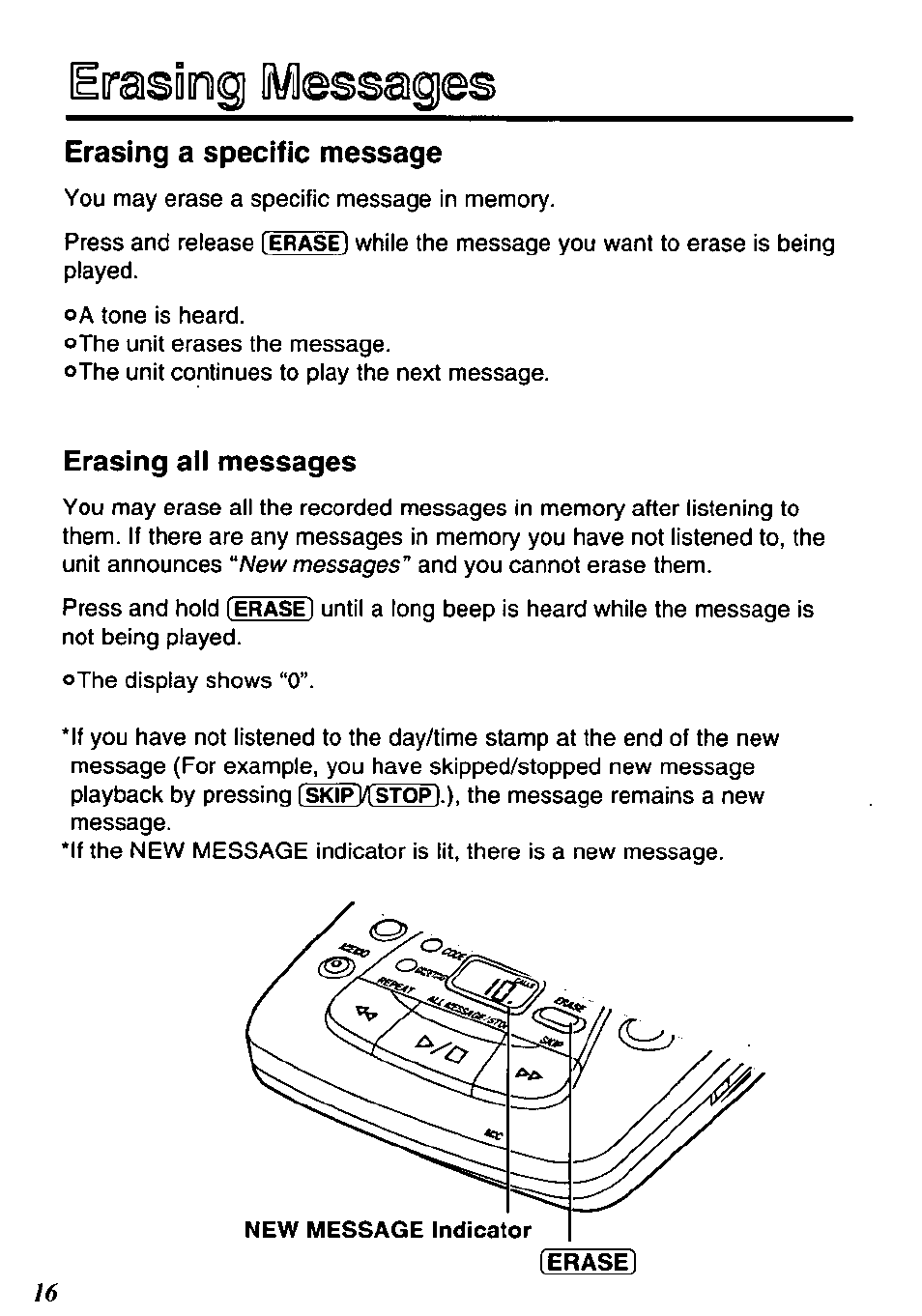 Erasing a specific message, Erasing ali messages, Erasing messages | Panasonic KX-TM80-B User Manual | Page 16 / 36