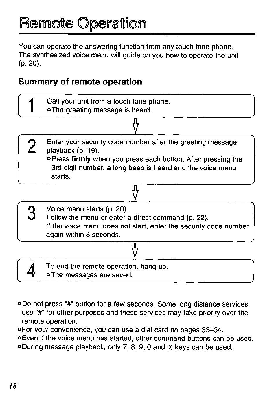 Summary of remote operation, Remote operation | Panasonic KX-TM80-B User Manual | Page 18 / 36