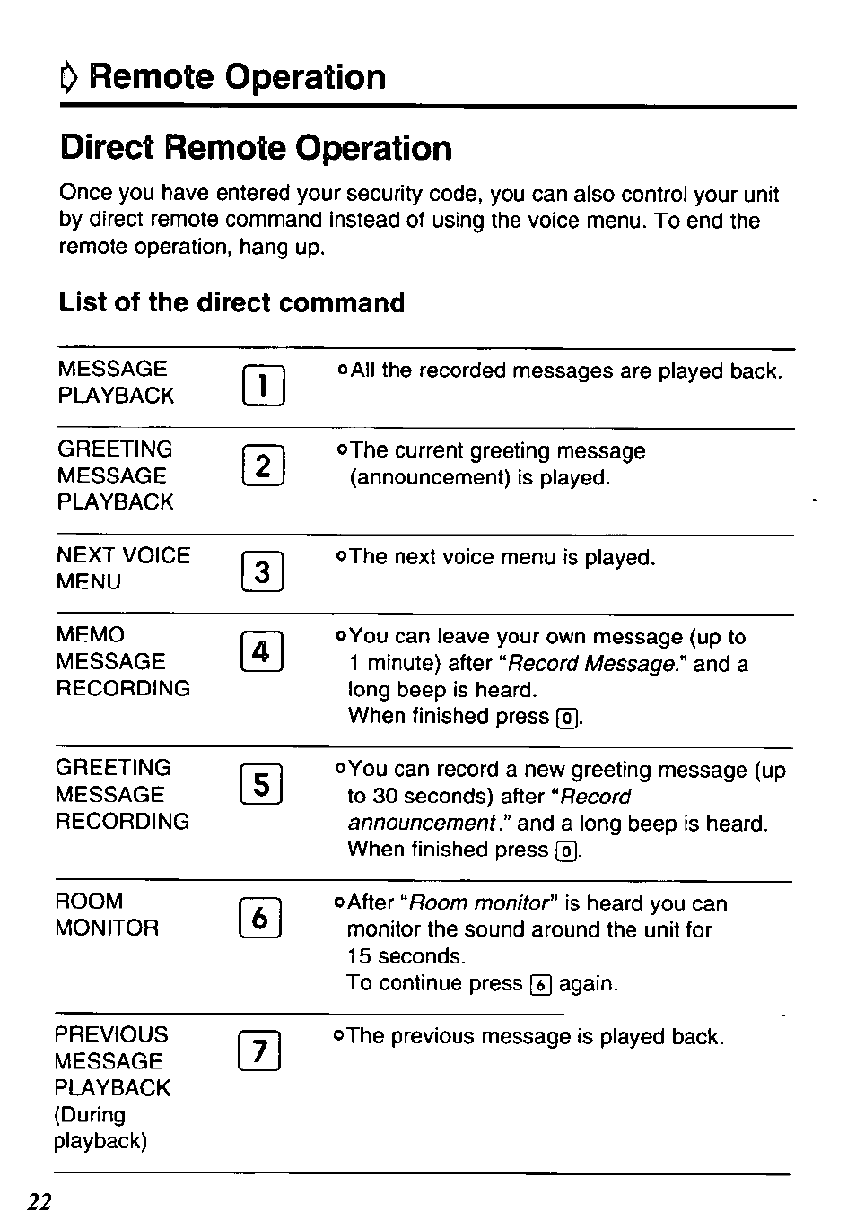 Remote operation, Direct remote operation, List of the direct command | Panasonic KX-TM80-B User Manual | Page 22 / 36